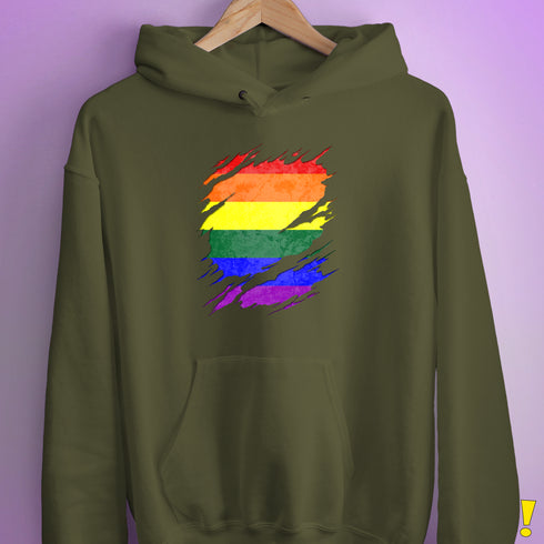 LGBTQ Pride Flag Ripped Reveal Hoodie - Army